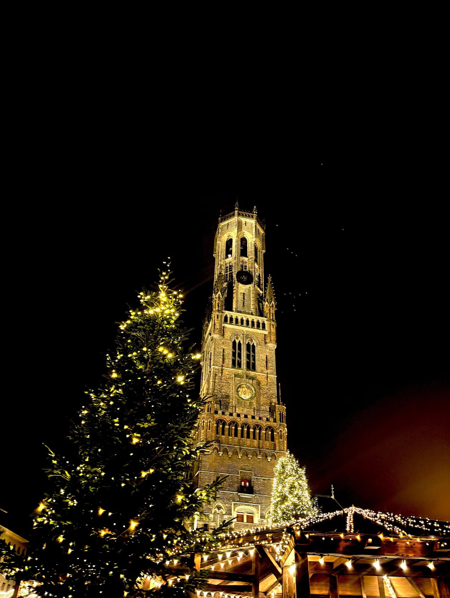 The Belfry of Bruges towers over a lit Christmas tree and market chalets on the Markt at night.