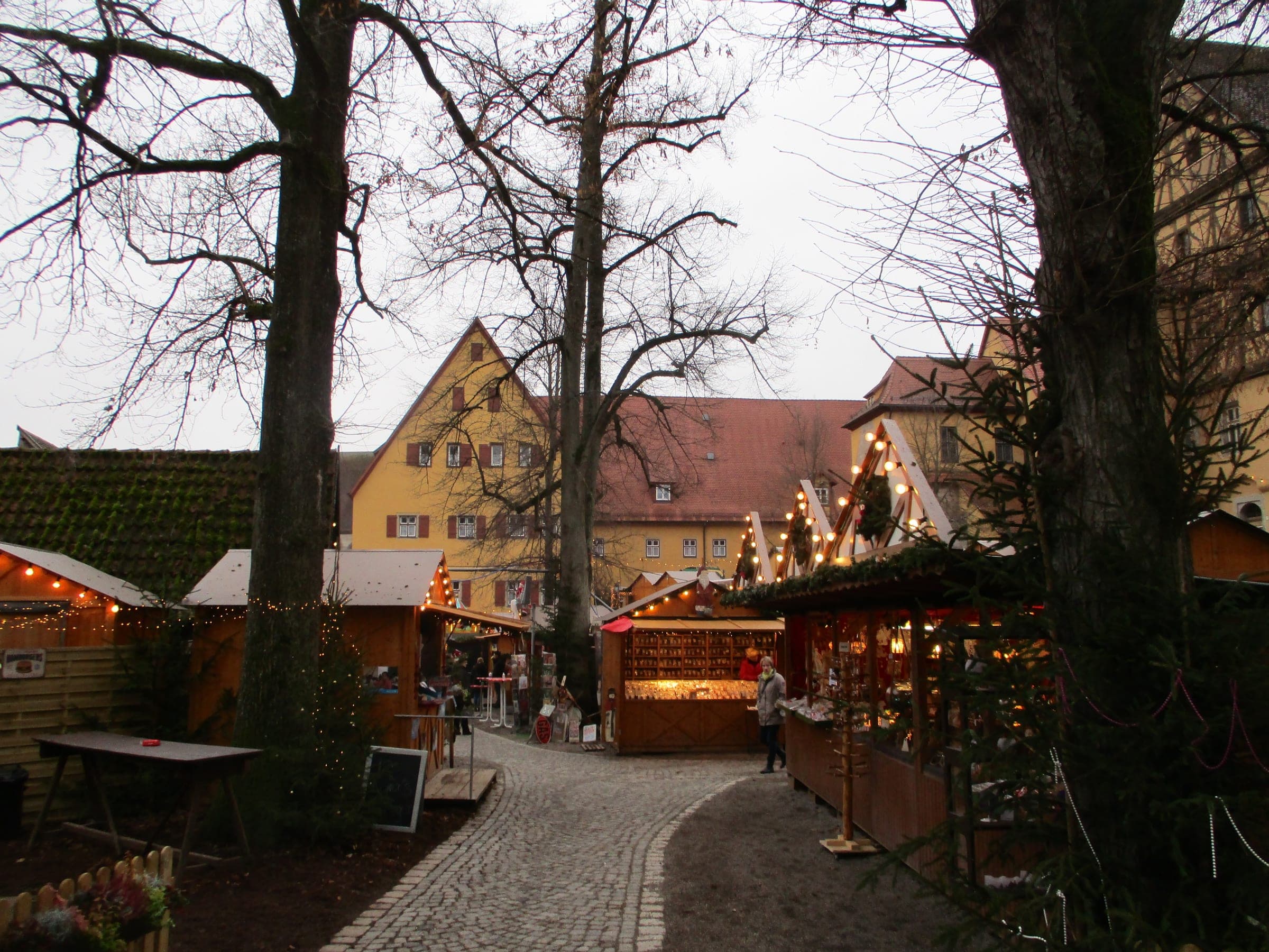 Lit wooden stalls stand among old trees in the Spitalhof during the Dinkelsbühl Christmas market