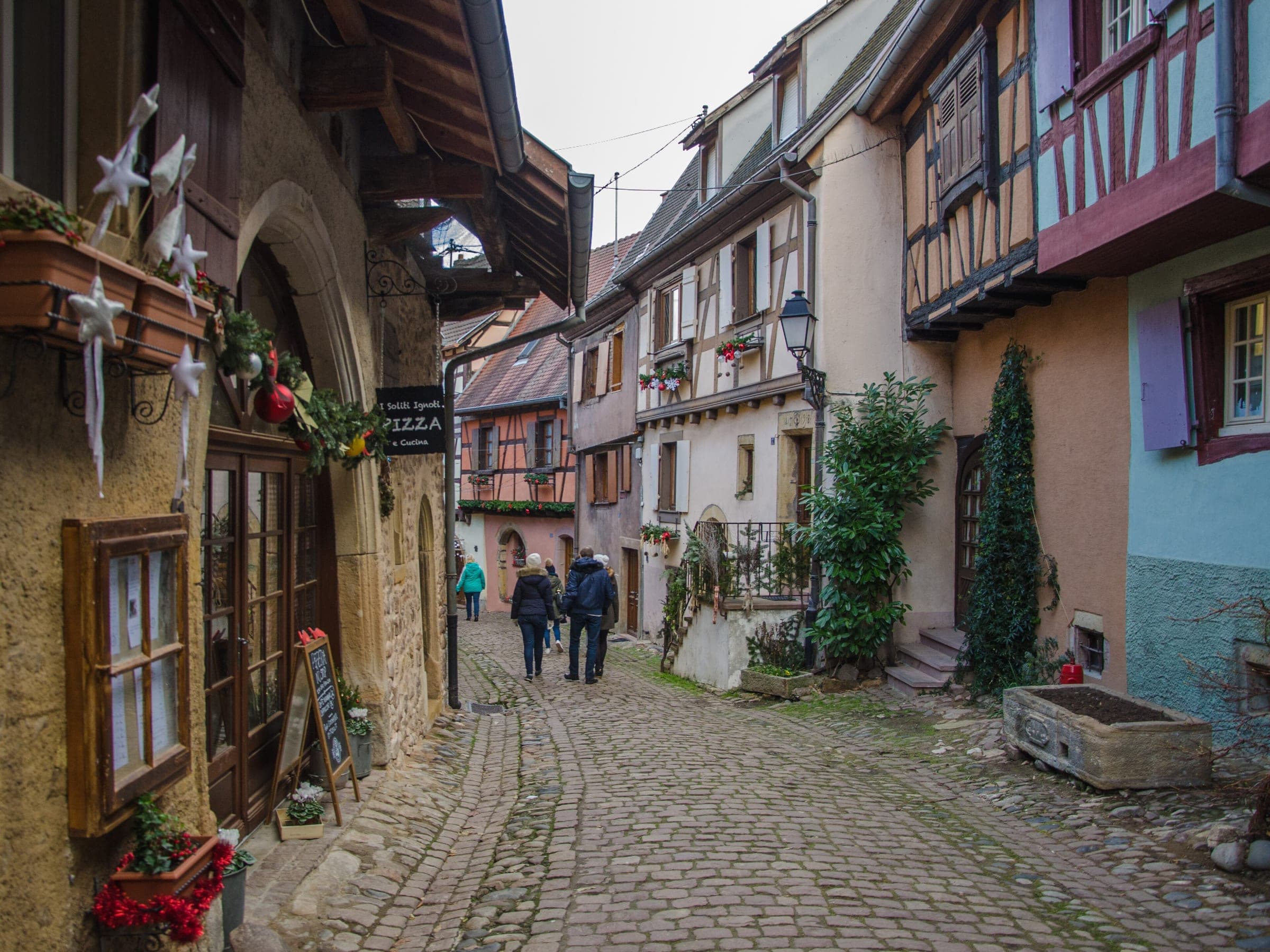 Paper stars and greenery hang on the old houses of a cobbled lane in Eguisheim during Advent.