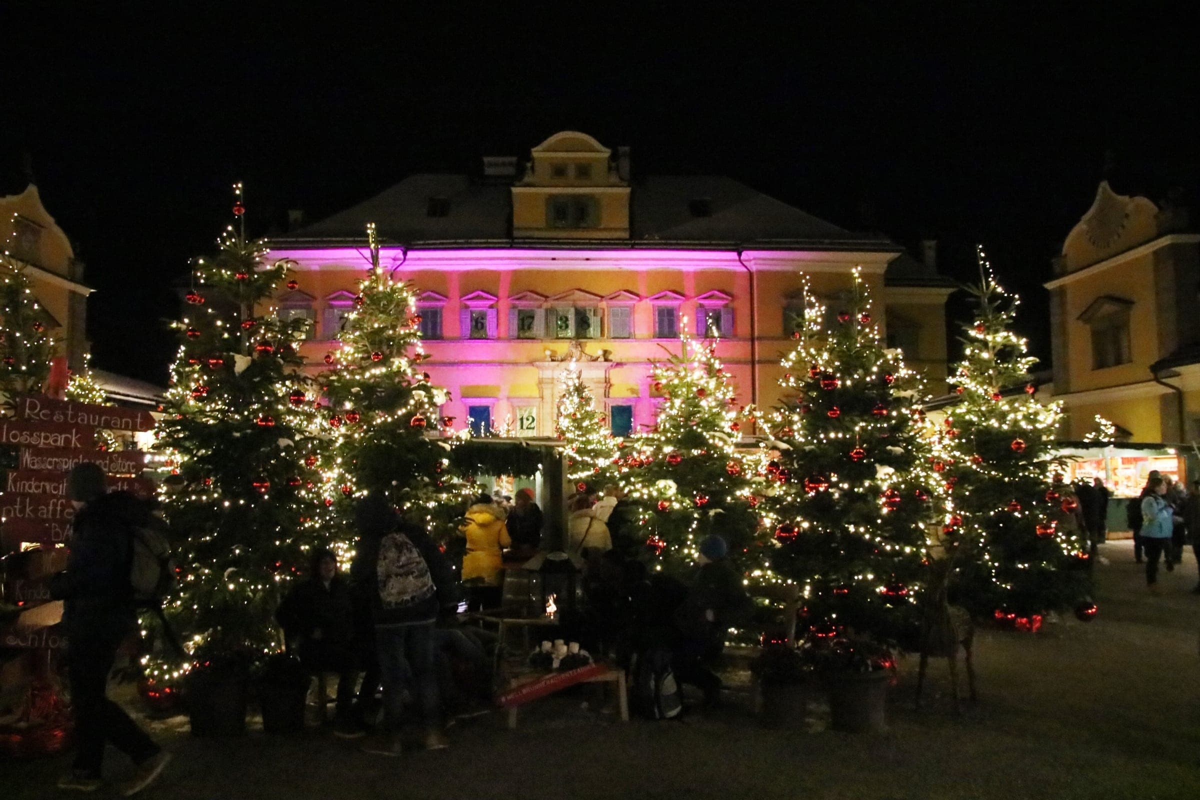 Lit Christmas trees fill the forecourt of Schloss Hellbrunn as its facade glows pink at night