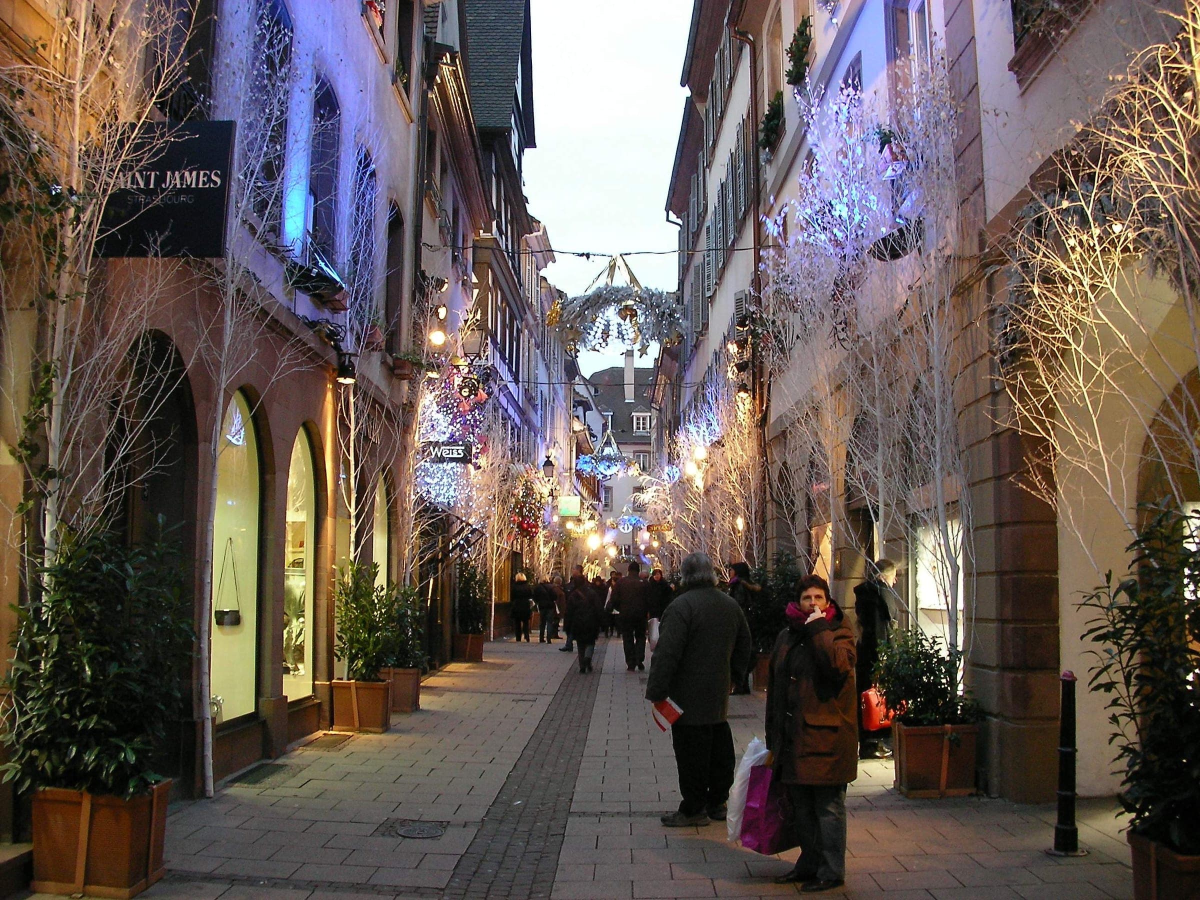 Shoppers walk down rue des Orfèvres in Strasbourg between white branches and lit Christmas window displays.