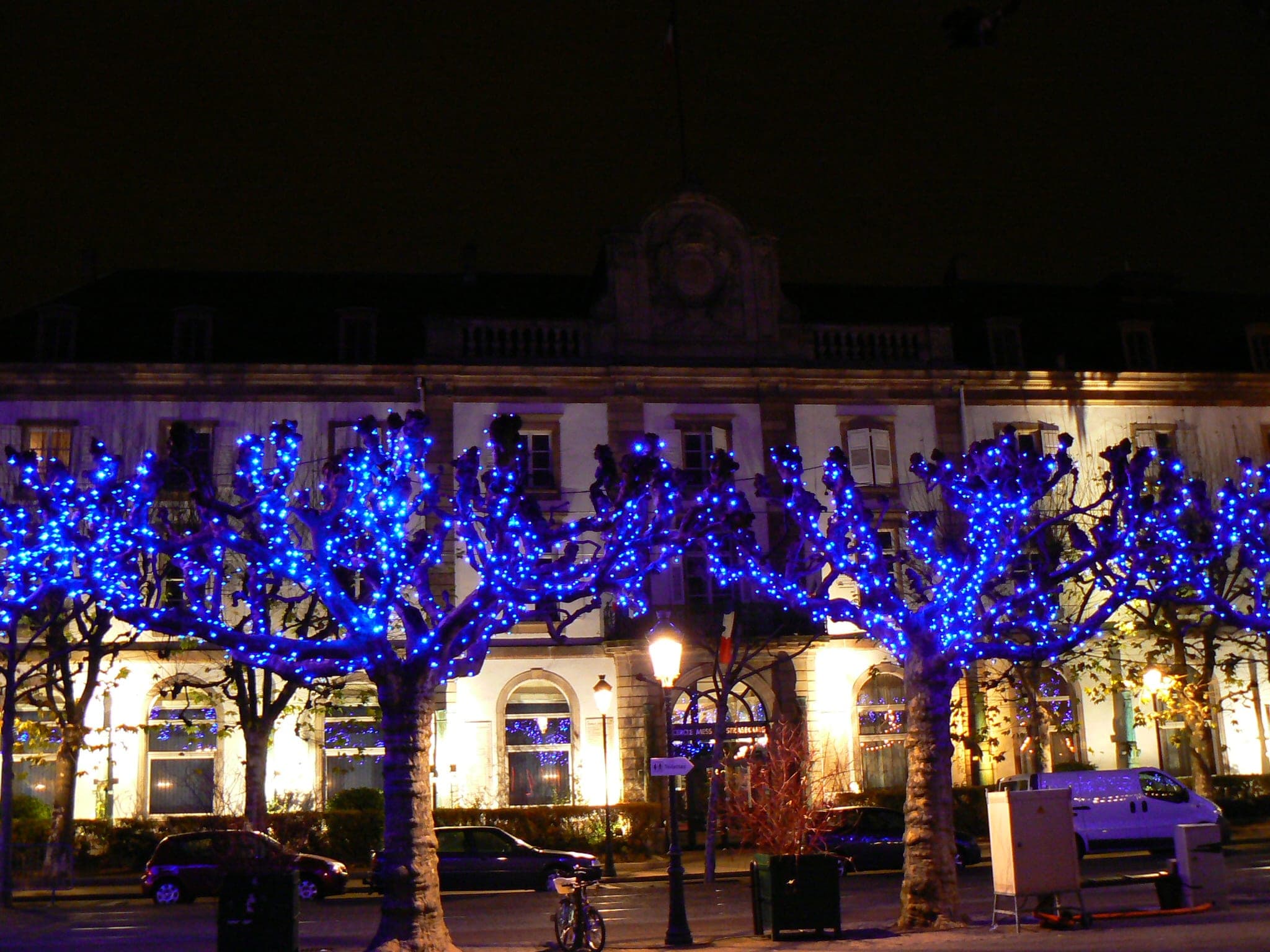 Blue lights wrap the plane trees on Place Broglie in Strasbourg in front of the lit town hall.