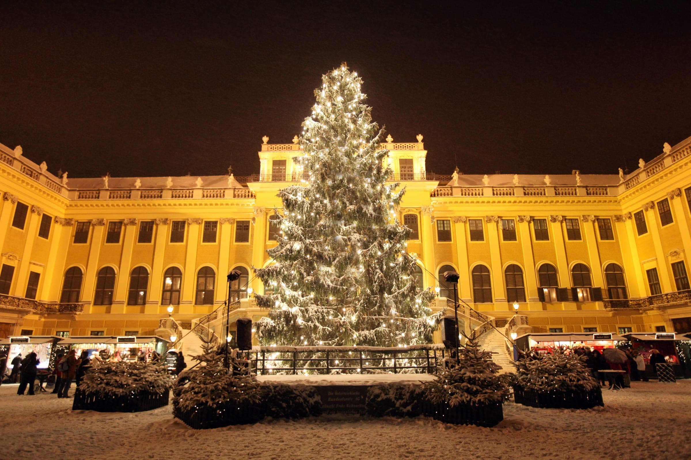 Fresh snow lies around the lit tree and stalls in front of Schonbrunn Palace in Vienna at night.