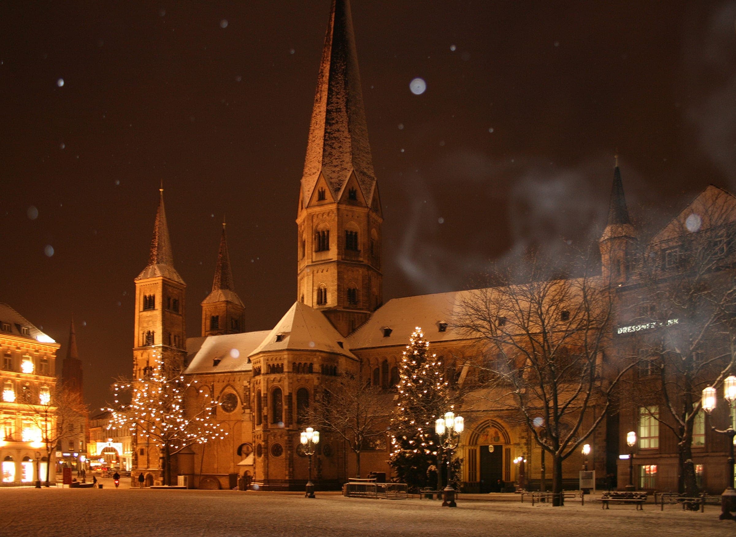 Snow covers Bonn's Münsterplatz at night as a lit tree stands in front of the Minster
