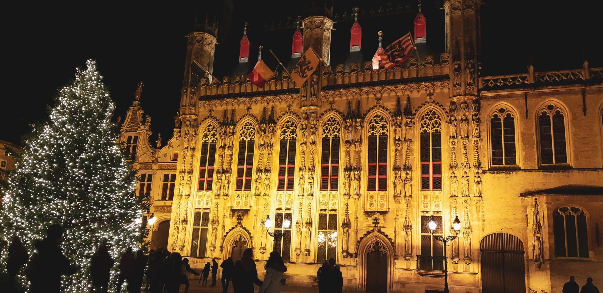 A tall Christmas tree lights the Burg in Bruges beside the carved Gothic front of the town hall at night.