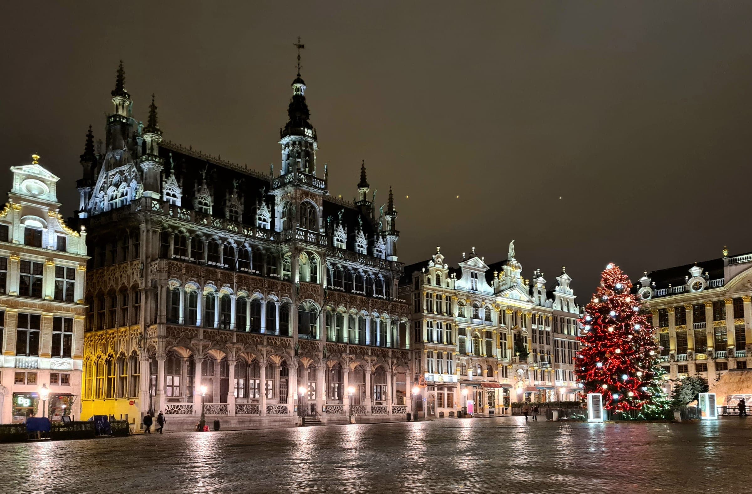 A red-lit Christmas tree stands beside the Maison du Roi on the Grand-Place in Brussels at night.