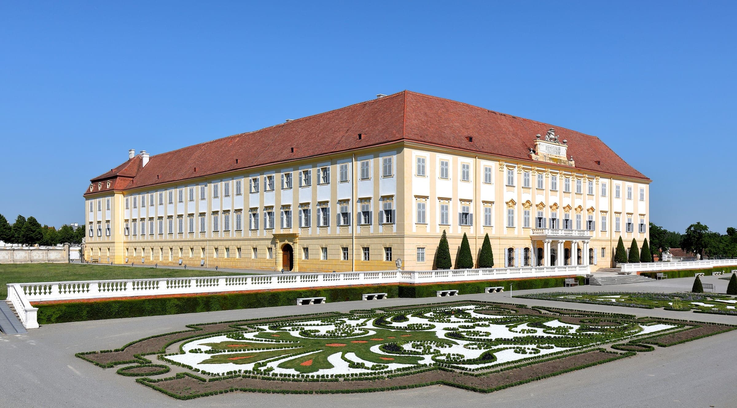 Patterned flower beds fill the terraced Baroque garden below Schloss Hof in Engelhartstetten.