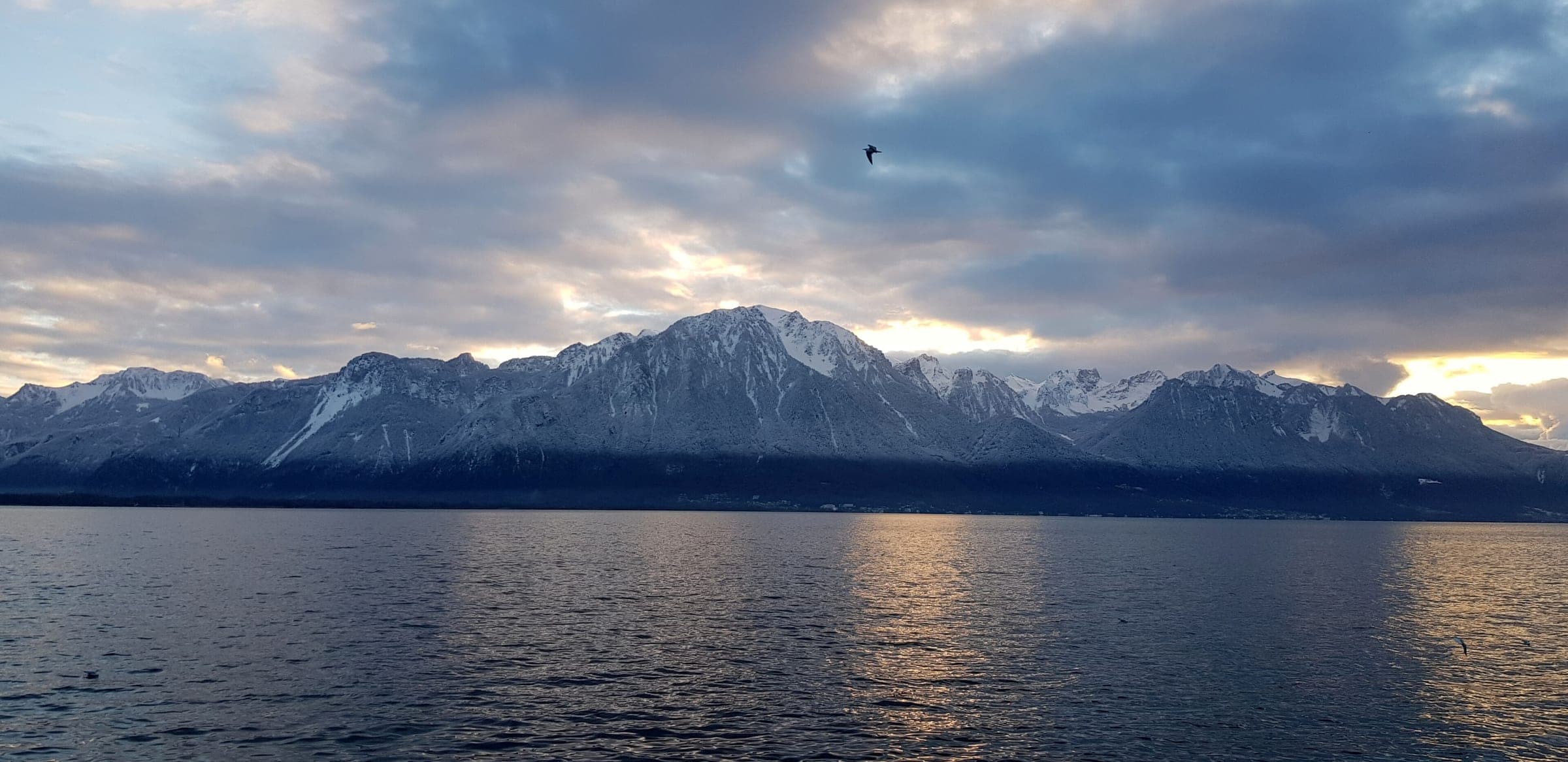 Snowy Alps rise over Lake Geneva in the December light seen from Montreux