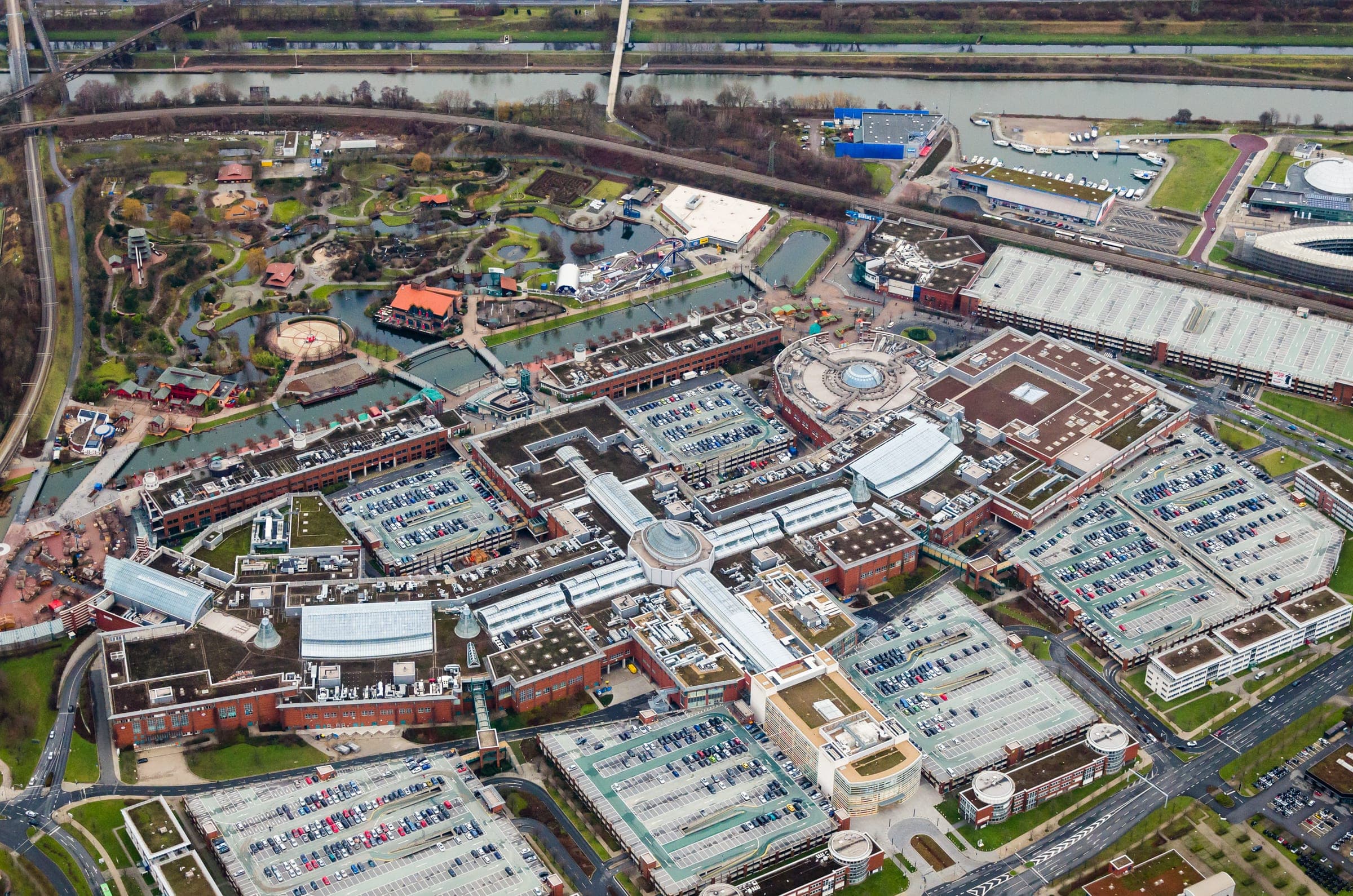 An aerial view takes in the CentrO shopping centre and its promenade in Oberhausen's Neue Mitte