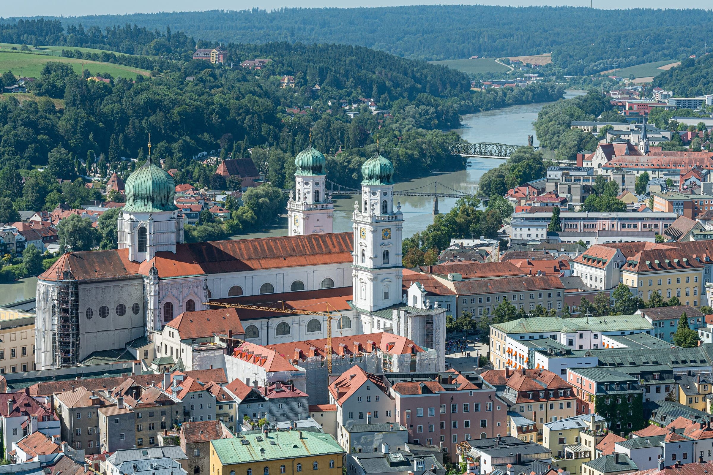 St. Stephen's Cathedral rises over the old town roofs of Passau between the Danube and the Inn.