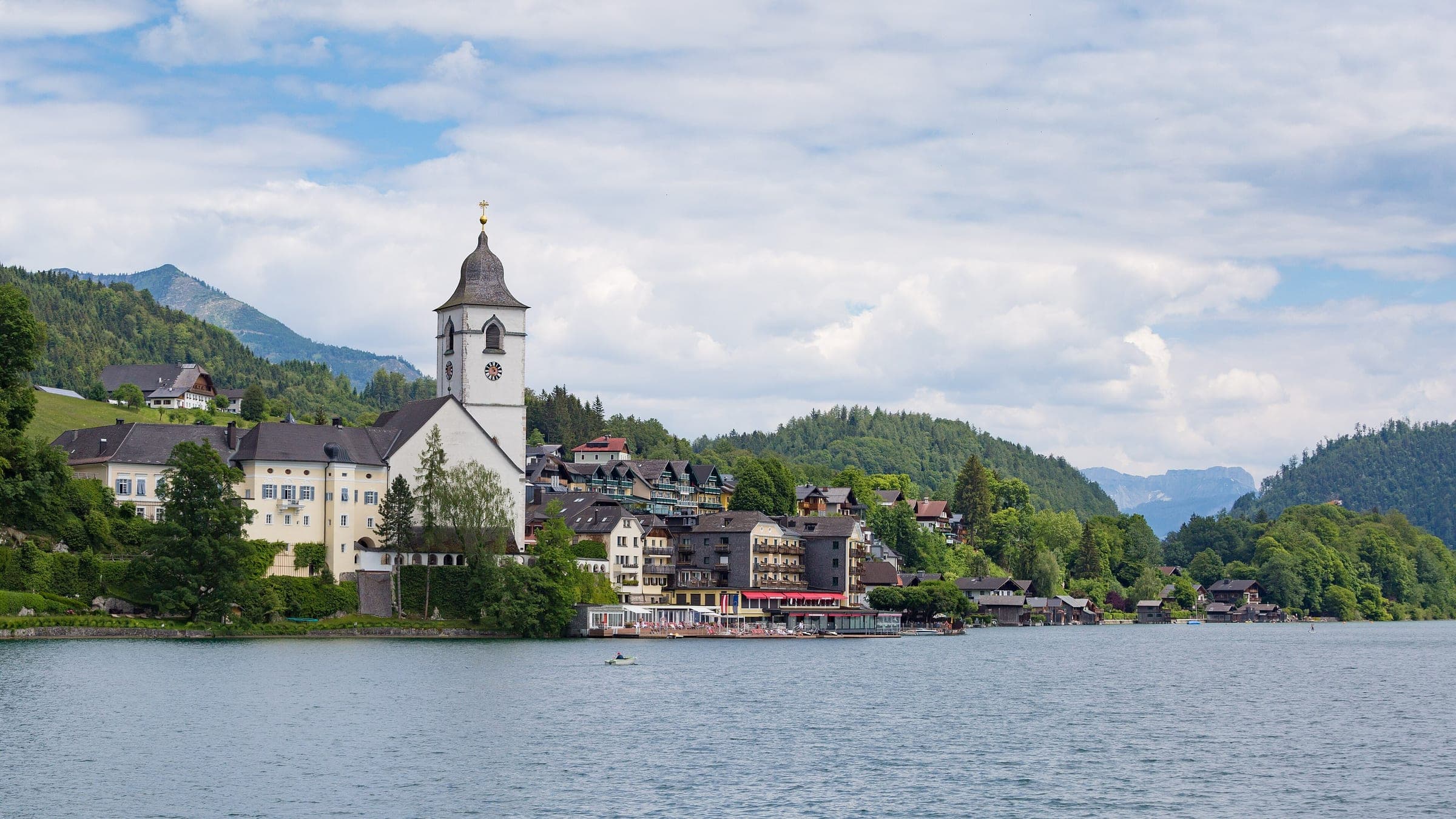 The pilgrimage church and lakeside hotels of St Wolfgang rise from the shore of the Wolfgangsee