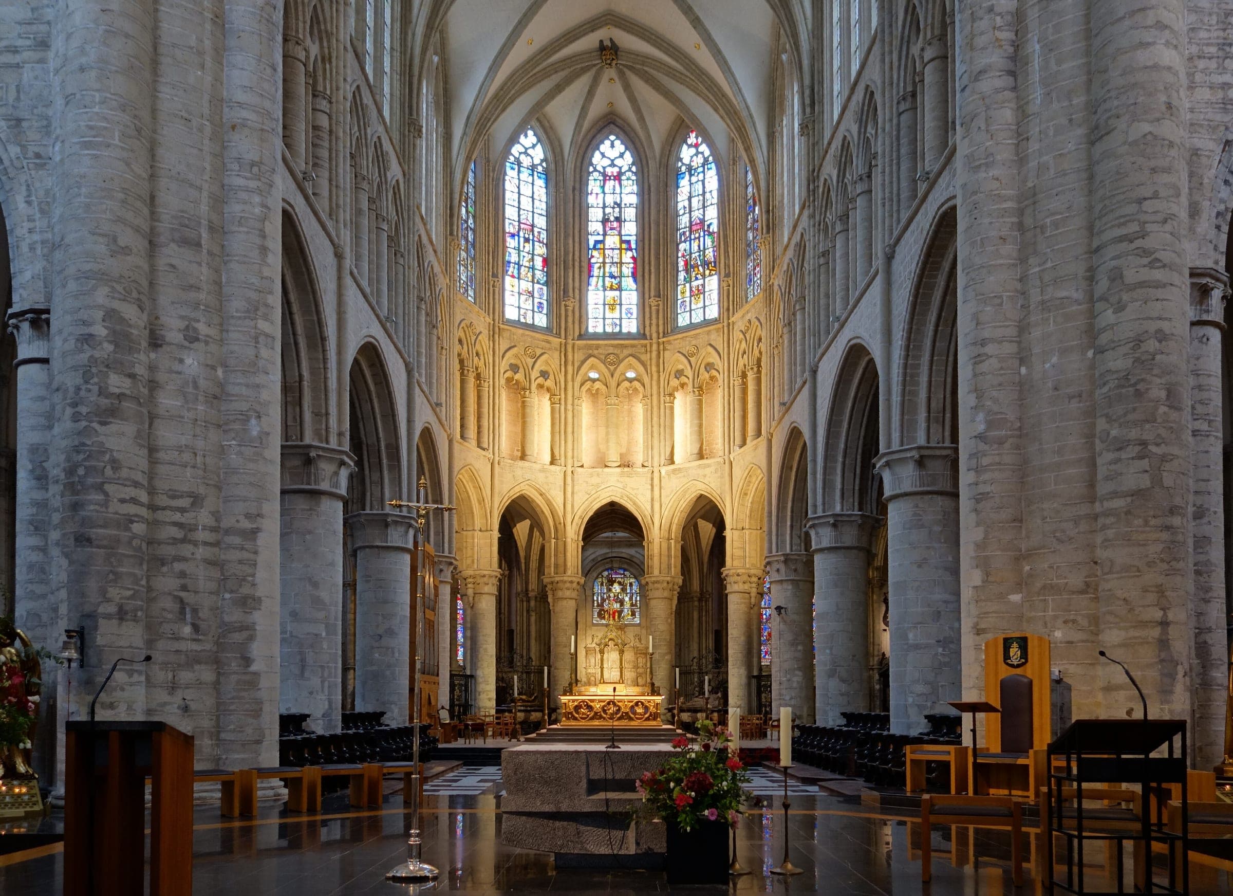 Stained glass windows light the choir at the east end of the Cathedral of St. Michael and St. Gudula in Brussels.