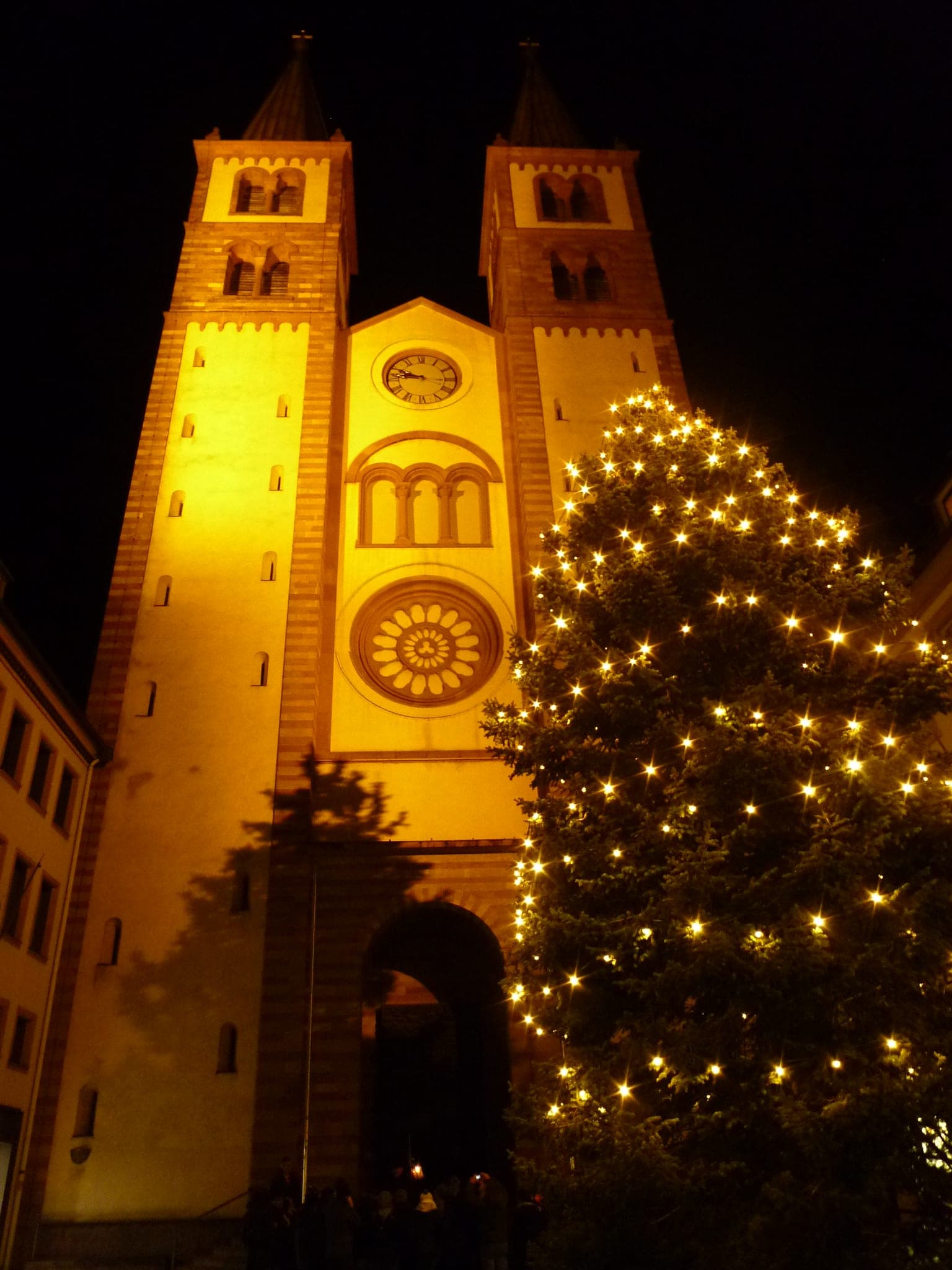 A lit Christmas tree stands before the floodlit towers and rose window of Würzburg Cathedral at night